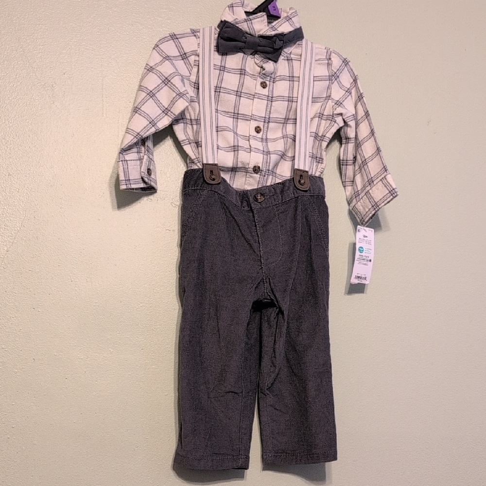 Plaid Shirt with Bow Tie and Suspenders Outfit